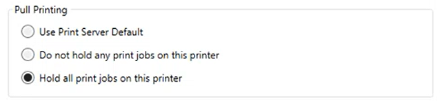 Pull Printing diagram showing how hold all print jobs on this printer is a new function.