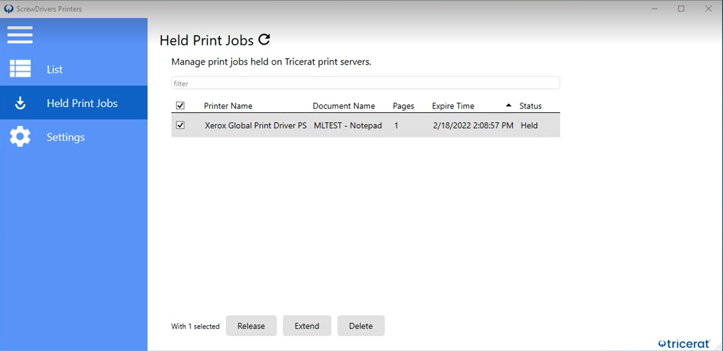 Diagram illustrating how held print jobs will display.