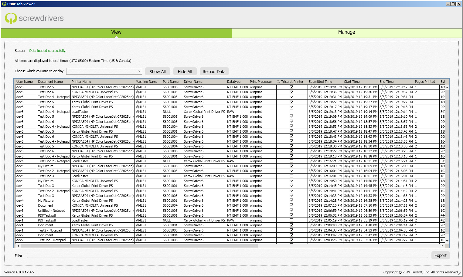 Sample screen for the new Print Job Reporter tool